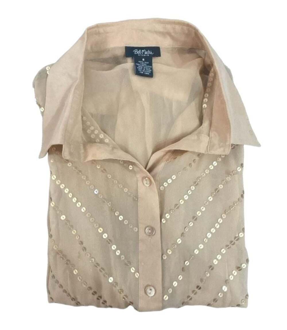Bob Mackie Studio Champagne Silk Sequin Embellished Button-Down Blouse